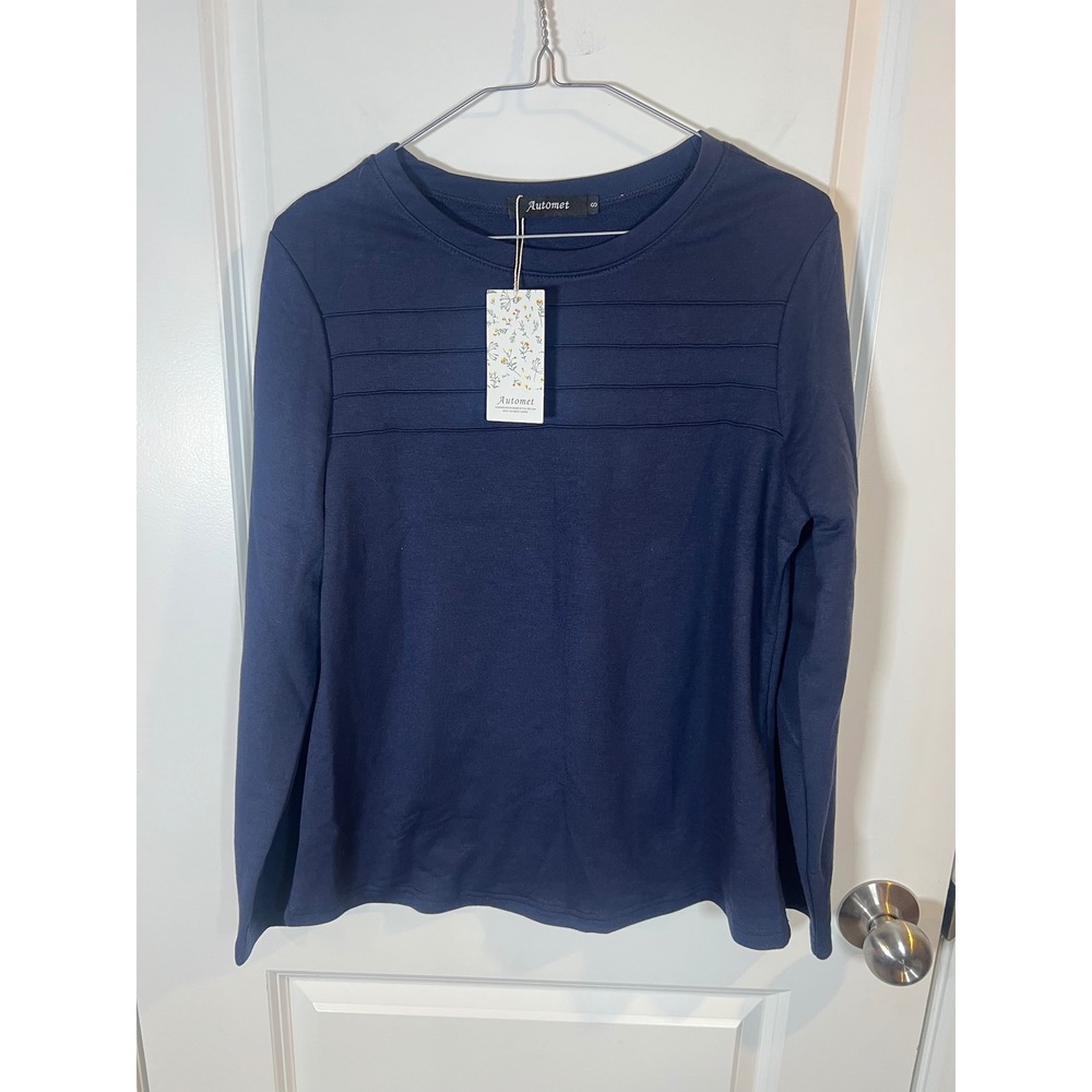 Automet Womens Top Pintuck Pleated Chest Navy Blue Size S NWT